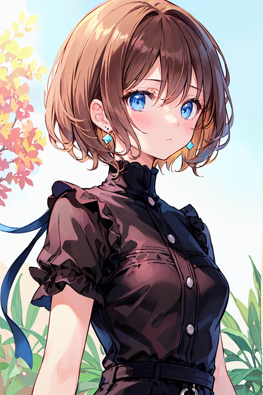 (Highest quality), (Very detailed), (Best illustrations), (masterpiece), (woman), High Contrast, (Small breasts), {Brown Hair, (Bobcut:1.3), Curly Hair, Hair between the eyes, Inner hair color}, {(Fine grain), blue eyes}, blush, Earrings, Wind