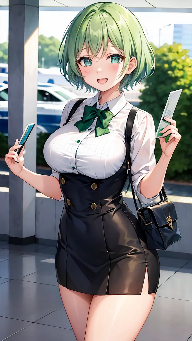Girl with short green hair, Small size ,、Green Eyes, 、,Full body photo from head to toe、stewardess、airport、、A big smile、Uplifting、The best smile、Currently serving customers、work、飛行機の機内work、