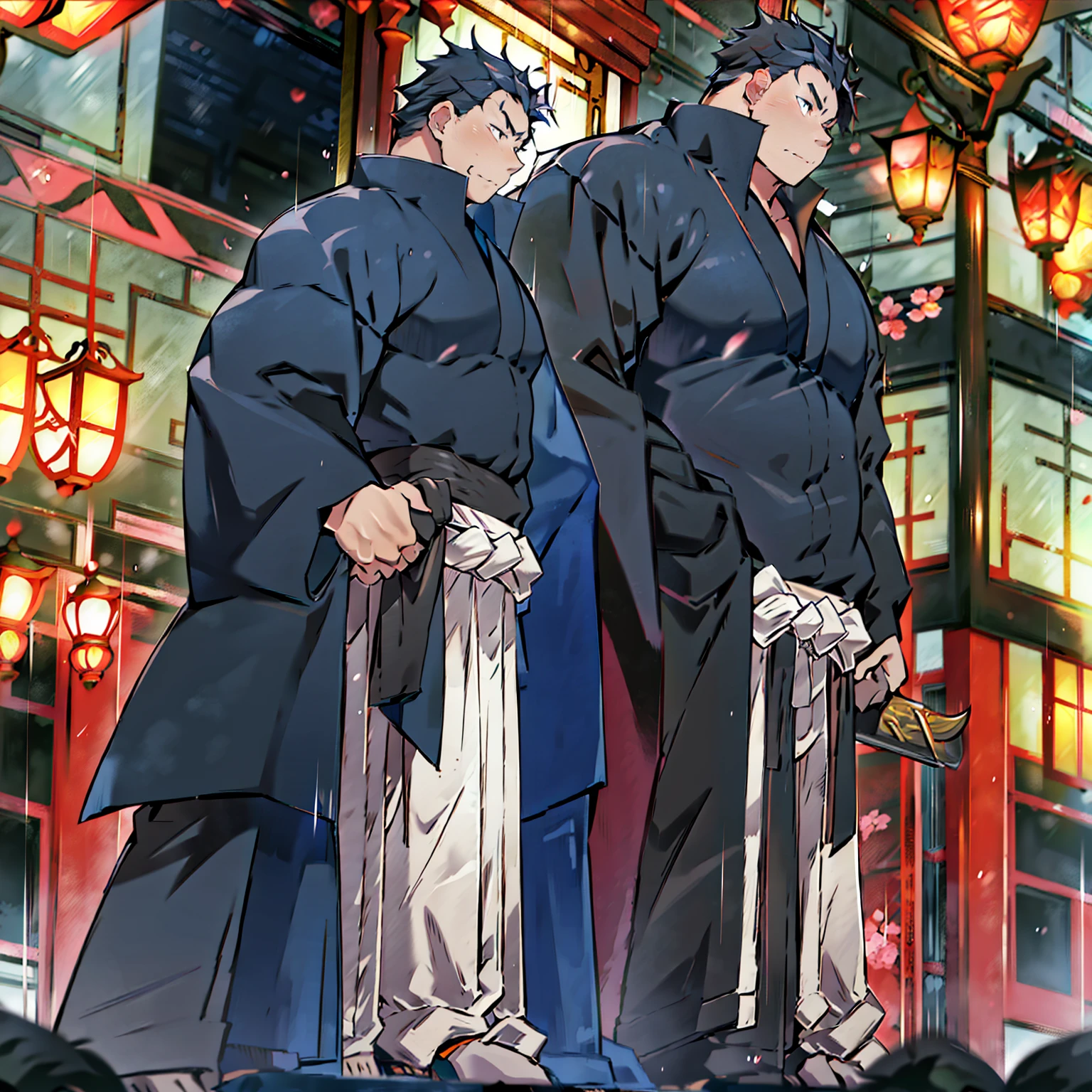 Japanese man, standing alone, full body view, strong young man in late 20s, young man standing in rain, holding Japanese umbrella, surrounded by hydrangea flowers, picturesque Japanese cityscape, anime-like image, high resolution, fantastic atmosphere, facing front, young man standing on right side, strong young man, serious looking young man, black hair, dark blue kimono, black obi, black geta, person on right side, empty on left side standing on right side, young man with serious expression, black hair, dark blue kimono, black obi, black geta, figure to right side, left side open, masculine eyes, toes visible