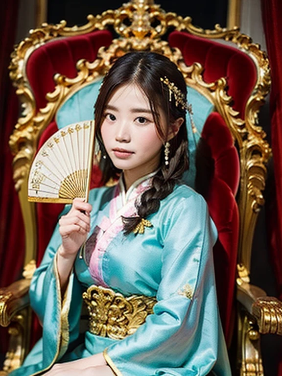 One girl, ((Throne)), (Liangbatou), Gorgeous, gold and silver, silk, gem, Flower and bird painting, Chinese ancient, Royal Family, Three-dimensional, Gorgeous,sitting, wide sleeves, Hand fan, dress, blurry, traditional media, braid, traditional clothes, Cowboy Shot, 