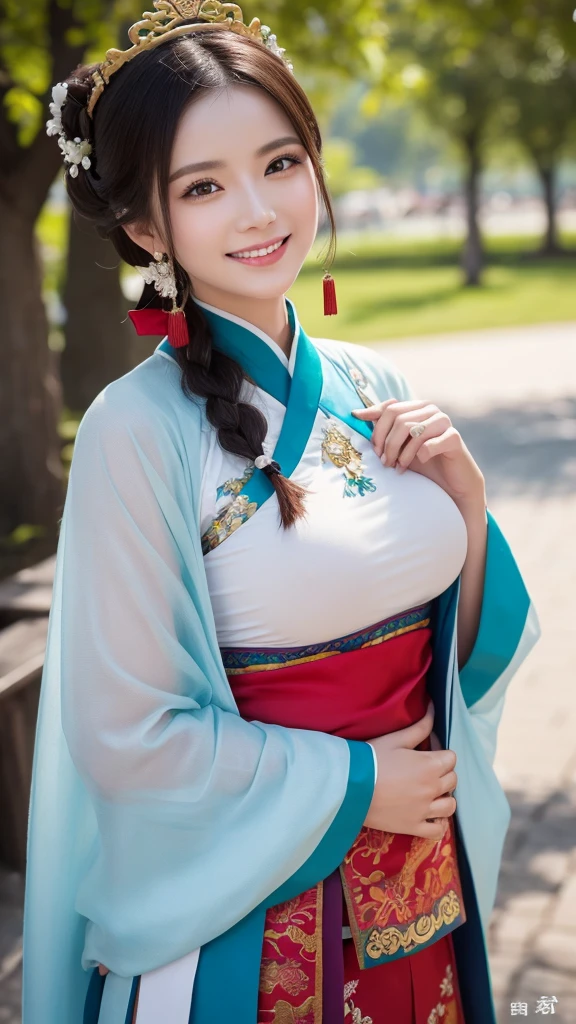 ancient chinese costumeを着て, ((Beautiful fantasy queen)), ancient Chinese Princess, Chinese style, chinese traditional costume, ancient chinese costume, Beautiful fantasy queen, Chinese Princess, Traditional Beauty,smile,, (8K, Raw photo, Highest quality, masterpiece:1.2),(Realistic, photo-Realistic:1.37),whole body、Highest quality, Photorealistic, finely, High resolution, 8Kの壁紙, Perfect dynamic composition, Detailed and beautiful eyes, Medium Hair, Big and ample breasts, Sexy pose,、smile、30 years old、(Droopy Eyes 1.4)、beauty、smile、whole bodyの姿、Hair tied up、Smile、Sexy pose、smile、race、whole body、Touching the chest with hands