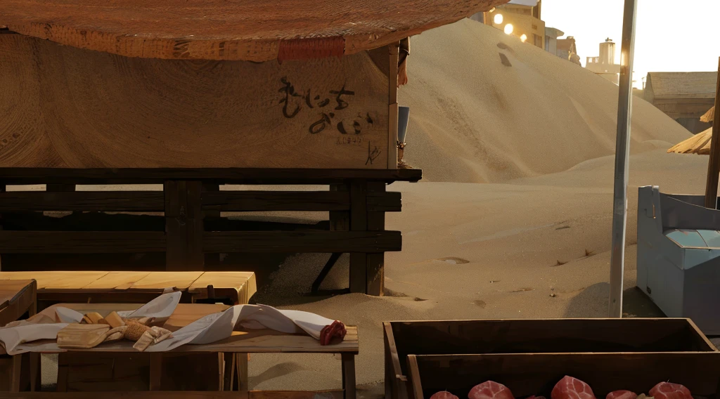 (traditional market, market stall, market tens), they sell human flesh, chopped hand and feet, human meats, wooden box, wooden table, (sand ground, sand hill behind the stall), dawn time, dark morning, 