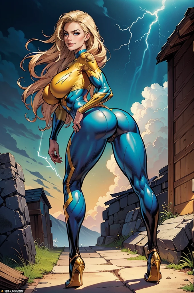 Unmatched masterpiece, ultra realista 8k CG, perfect work of art, (1girl: 1.1), 独奏, ((perfect female figure)), full body character facing forward looking at viewer, there are clouds with lightning and stones in the background, mature woman, bimbo (A blonde long hair woman with full-body, long hair, (burlas), best qualityer:1.1, Dynamic Heroic Pose, She has hands with lightning powers, pose sexy, seductiv, (pretty), (curvilinear), (big), russet hair, (blue colored eyes :1.2), yellow and blue uniform in the style of Marvel Comics, J. Scott Campbell, invisible woman, J. Scott Campbell, comic book character, comic book art, comics style art, turned legs, fit, (abs:1.1), (Big butts:1.4), peach ass, (bountiful breasts:1.3, (big_breasts: 1.1), Broad Hips: 1.5, narrow waisted, Waist slender: 1.5, slenderbody: 1.2, coxas bigs: 1.he's brilliant: 1.2), (hdr), (Street: 1.2), film Nikon D850 photography Kodak Portra Lens f1.400 camera 6, rich colors, realistic texture, lighting dramatic, unreal mechanism, trending on ArtStation, of Gerald Brom, de Frank Frazetta, by Luis Royo, the Julie Bell, de Boris ValleJo