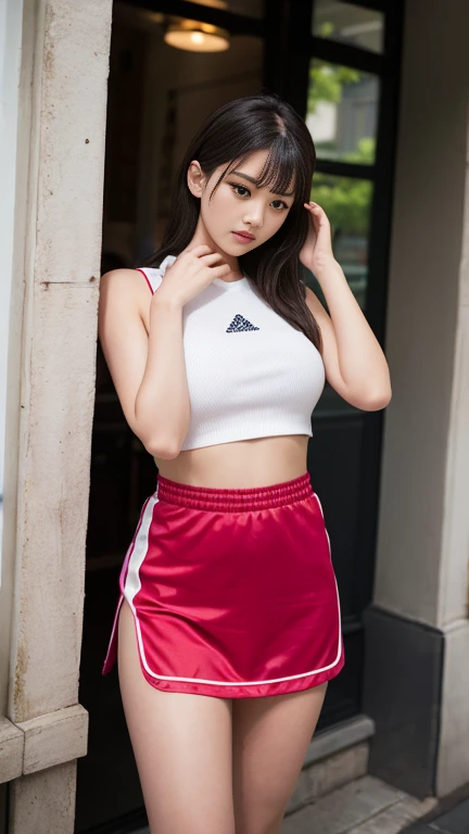 masterpiece, Highest quality,健全なphotograph、 One Girl, View your audience, Narrow waist, RAWphotograph,Ultra-realistic, High resolution, photograph, Sharp focus, Most detailed, Accurate hands、Very detailed, Very detailedな, In detail, Very detailed目と顔、Accurate hands、Idol、beautiful girl,View your audience, Narrow waist,Symmetrical face, whole body、Thin thighs、Large Breasts、Long Hair、Shaking breasts、Please lift your chin、Touching hair with your hands、White high heels、While writhing in embarrassment、((((Early summer clothes、Private Server、date match clothes))))、Carrying a pochette across one&#39;s shoulder、The background is fresh green