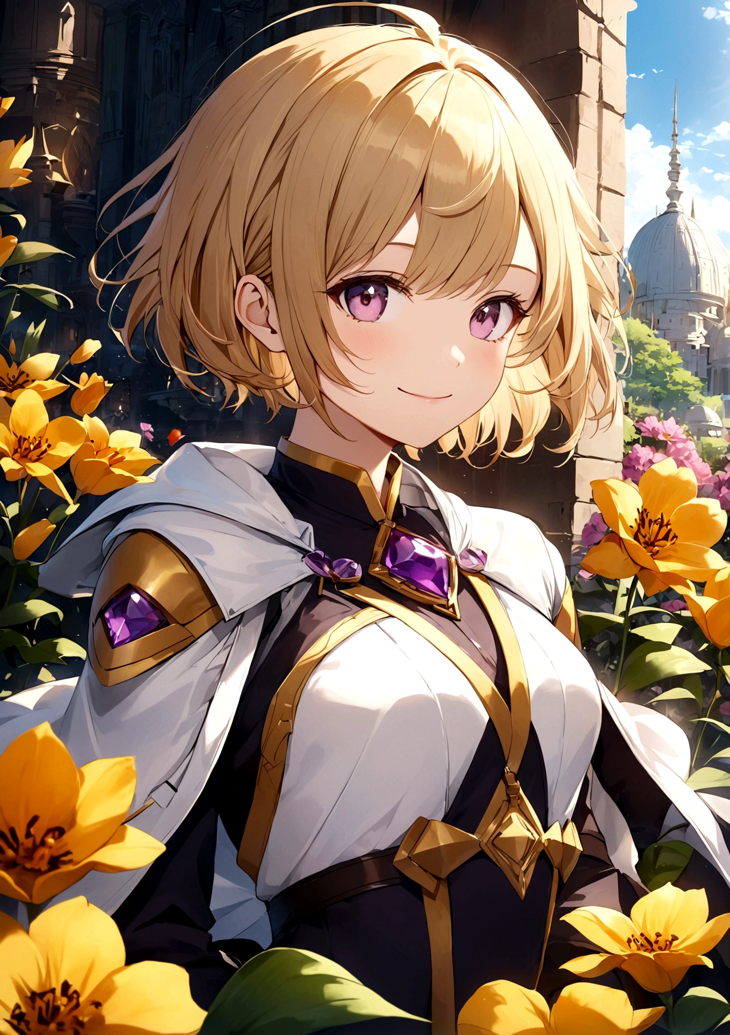 Meticulous girl,beautiful girl,short hair,Looking Forward,Smile,Clear sky,sunshine,masterpiece,Best quality, architectural design,future,science and technology,streamline,Magnificent,Blooming Flowers,Jewels,Detail Enhancement,Enhance the details