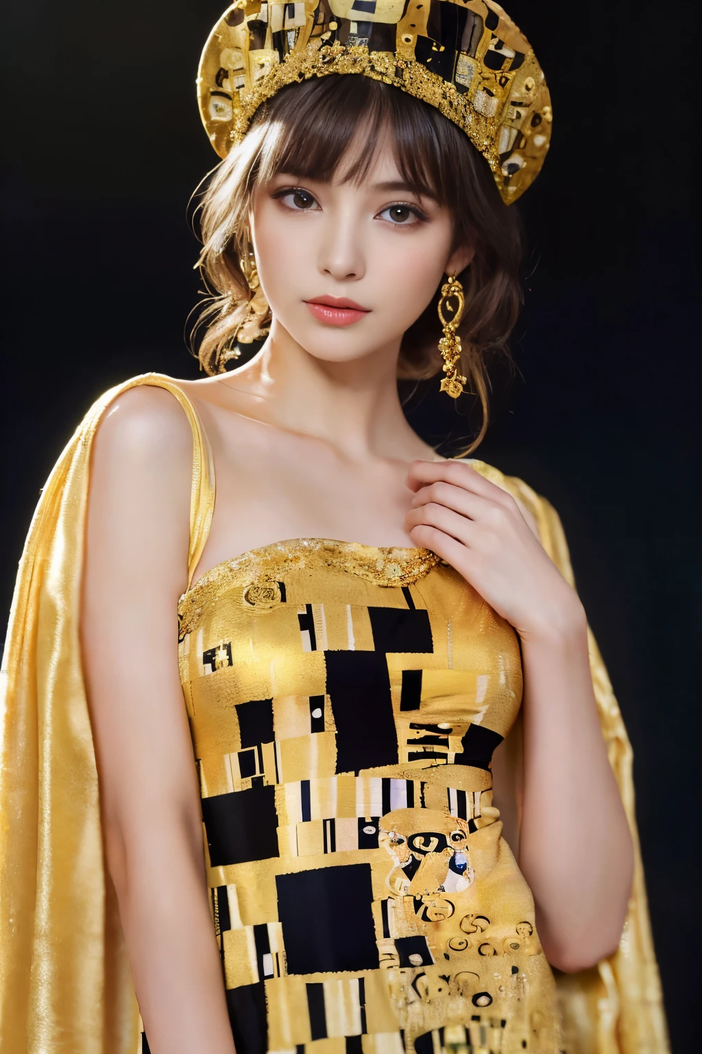 
((masterpiece:1.4, Highest quality)), (Realistic photos:1.4), (artwork),
((1 Girl)), (Otherworldly beauty), (dream-like),
(超High resolution:1.2), Very delicate and beautiful, wonderful, Very detailedな CG Unity 8k 壁紙, Very detailed, High resolution, 
Soft Light, Beautiful detailed girl, Very detailedな目と顔, Beautiful and exquisite nose, Beautiful and exquisite, 
(Dressed in early 20th century Viennese costume:1.3),
Cinema Lighting, Perfect Anatomy, Slender body, (Parted bangs),
(Portrait of a Girl by Gustav Klimt:1.5), (Abstract Background), (Designed picture background),
Cowboy Shot