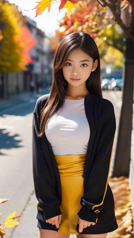 masterpiece, Highest quality,健全なphotograph、 One Girl, View your audience, Narrow waist, RAWphotograph,Ultra-realistic, High resolution, photograph, Sharp focus, Most detailed, Accurate hands、Very detailed, Very detailedな, In detail, Very detailed目と顔、Accurate hands、Idol、beautiful girl,View your audience, Narrow waist,Symmetrical face, whole body、Thin thighs、Slightly large breasts、Long Hair、Shaking breasts、Please lift your chin、Touching hair with your hands、White high heels、While writhing in embarrassment、((((Autumn Clothes、Private Server、date match clothes))))、Autumn leaves in the background