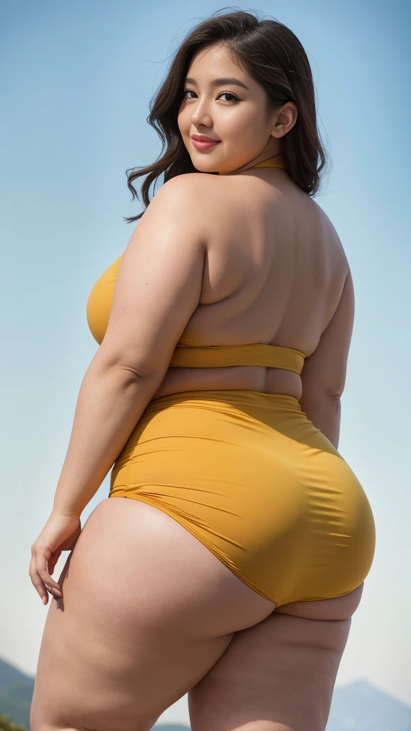 ((Best Quality, 8K, Masterpiece: 1.3)), Chubby woman smile ((best quality)), ((masterpiece)), (detailed), perfect face, USA woman fat in a dark-blue shirt and blue denim skirt walking down a street, thicc, she has a jiggly fat round belly, bbwchan, wearing tight sexy clothes, skinny waist and thick hips, widest hips, her belly is fat and round, soft curvy shape, hyperrealistic full figure, wearing a cute top, wide hips, cropped shoulders,Bare belly,(big assa:0.7),show legs,, thicc, beautiful thick female, beautiful curvy female,, Tall and tall,clear curvy details, curvy hourglass figure, alluring plus sized model, bbwchan, Voluptious body, Curvy model, Curvy body, Be red in the face, 1girll fat , a matural female, A MILF, the golden ratio,(Kpop idol),(Oil skin:1.2),(Oil skin:1.1) background High quality, HD, realistic, HDR. mountain refuge in grey stone, blends into the panoramic view of the mountain, spring landscape (green and flowery), edelweiss, lake, stream that winds, sunset, cool breeze. welcome mountaineers and hikers.