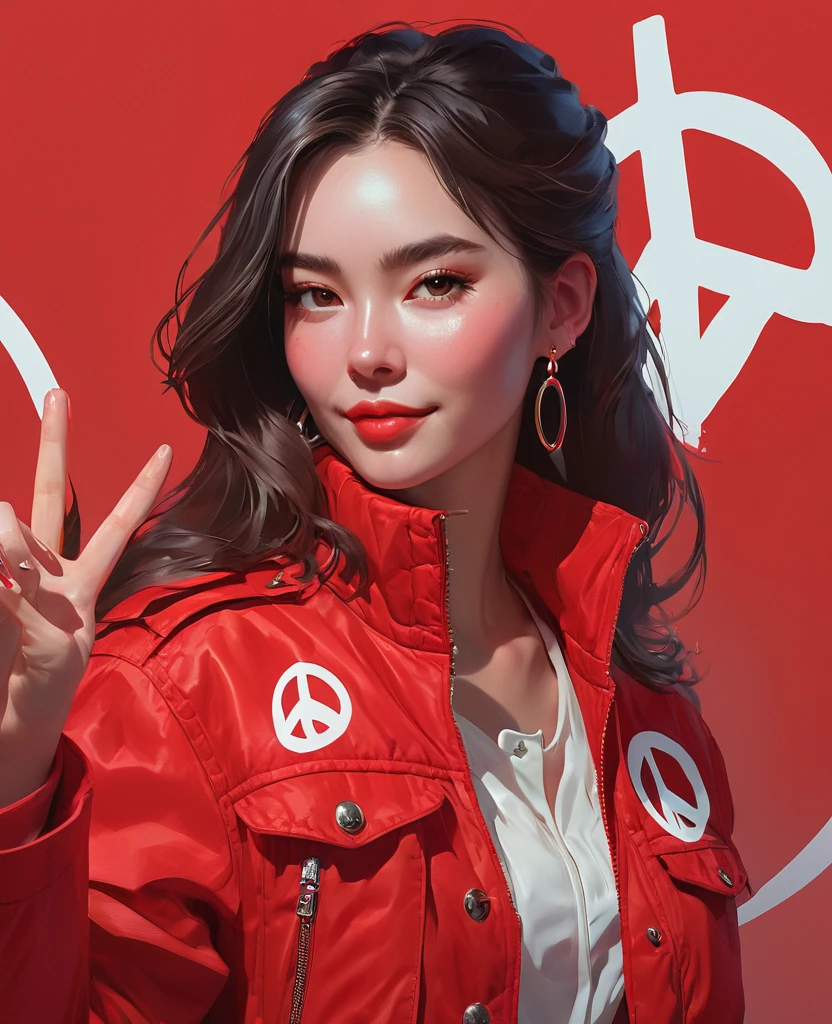 a close up of a woman in a red jacket holding a peace sign, cushart krenz key art feminine, offcial artwork, offcial art, Character Profile Art, Trading Card Art, artwork in the style of z.w. To, rutkowski ilya krenz nixeu wlop, official character art, loadscreen”, wojtek fus