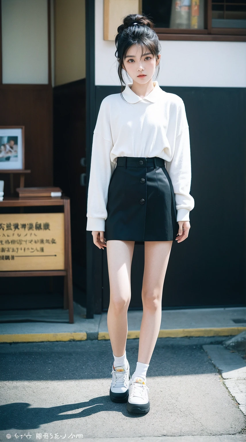 Kodak ULTRAMAX 400, 35mm film photo, cool fashionable japanese woman, emotional photo, single focal length lens, portrait, Japanese photography style, Photo-detailed portrait style, Full body shot,