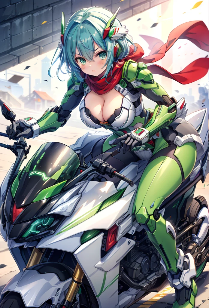 (masterpiece:1.2), best quality, high resolution, extremely detailed CG, absurdres, highres,1girl, solo, black and green powersuit, white armor, on a cyber motorcycle, thighs, cleavage, blue_hair, red_scarf, mecha_armored, mecha_belt, headgear