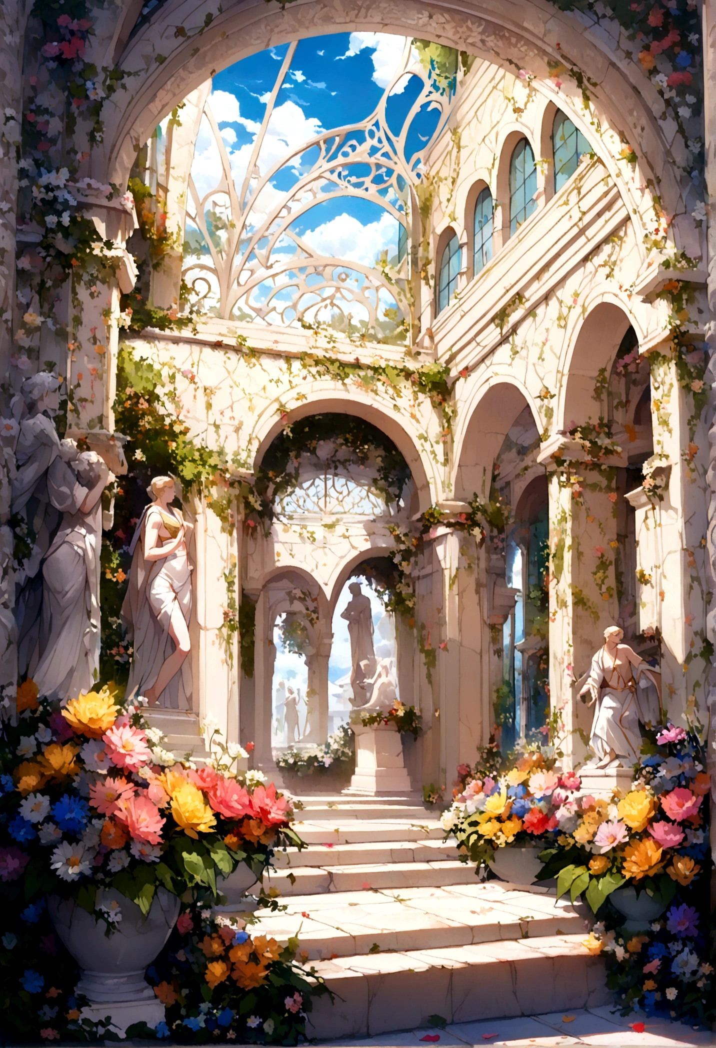 A Rococo-style racetrack athlete, inspired by the artistic style of Jean-Honoré Fragonard, is in a dynamic pose, sprinting. He wears modern athletic clothing in pastel colors, adorned with lace, subtle ties, golden embroidery and curved lines that evoke Rococo art. The race track is surrounded by lush gardens with colorful flowers, marble statues and ornate fountains, reminiscent of Fragonard&#39;s bucolic and romantic scenes. Ao fundo, there is an elaborate architecture with palaces in light tones and golden details, under a blue sky with soft white clouds. In the distance, other blurred athletes run, your steps erased by speed, grappling, but unable to follow the central protagonist. Their silhouettes blend into the scenery like fleeting shadows, witnesses of the tireless search for victory. (highest quallity, high resolution, realisitic:1.37), shiny metallic flowers, intricate and delicate petals, Reflective surface, swirly vibrant colors, details Intricate, Approximate view, 超realisiticな庭園, 超realisiticな美しさ, dreamy atmosphere, fine arts, Abstract Plants, Metal engraving, contrasting textures, mysterious glow