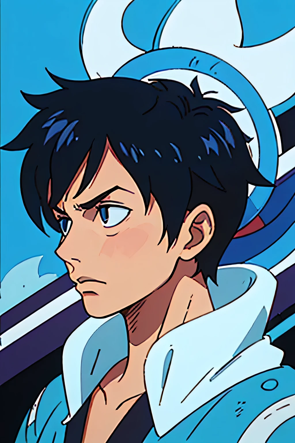 best quality ,ultra detailed, realistic :1.37 , side view portrait of boy having cool vibes abstract background ,blue[background],anime comic verison, nft make all [photo ] same