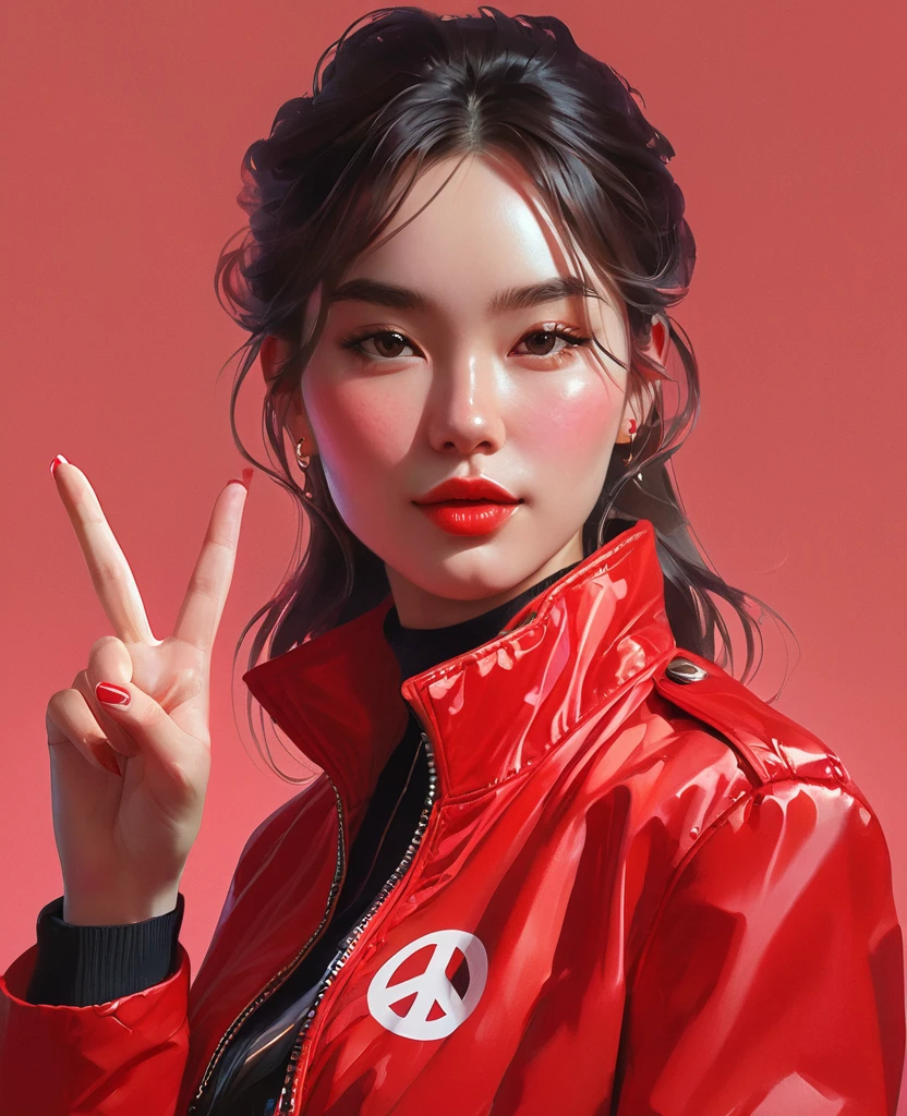 a close up of a woman in a red jacket holding a peace sign, cushart krenz key art feminine, offcial artwork, offcial art, Character Profile Art, Trading Card Art, artwork in the style of z.w. To, rutkowski ilya krenz nixeu wlop, official character art, loadscreen”, wojtek fus