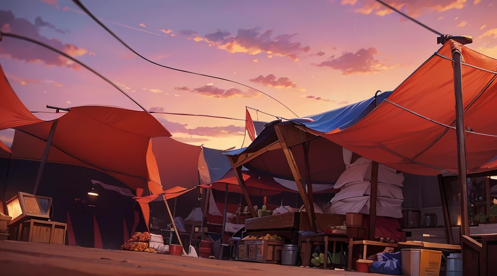 traditional market, (market stalls, market tents, canopies, tarp canopy), butchery, wooden boxes, wooden basket, wire,, sand ground, dawn sky, dark morning, low angle,