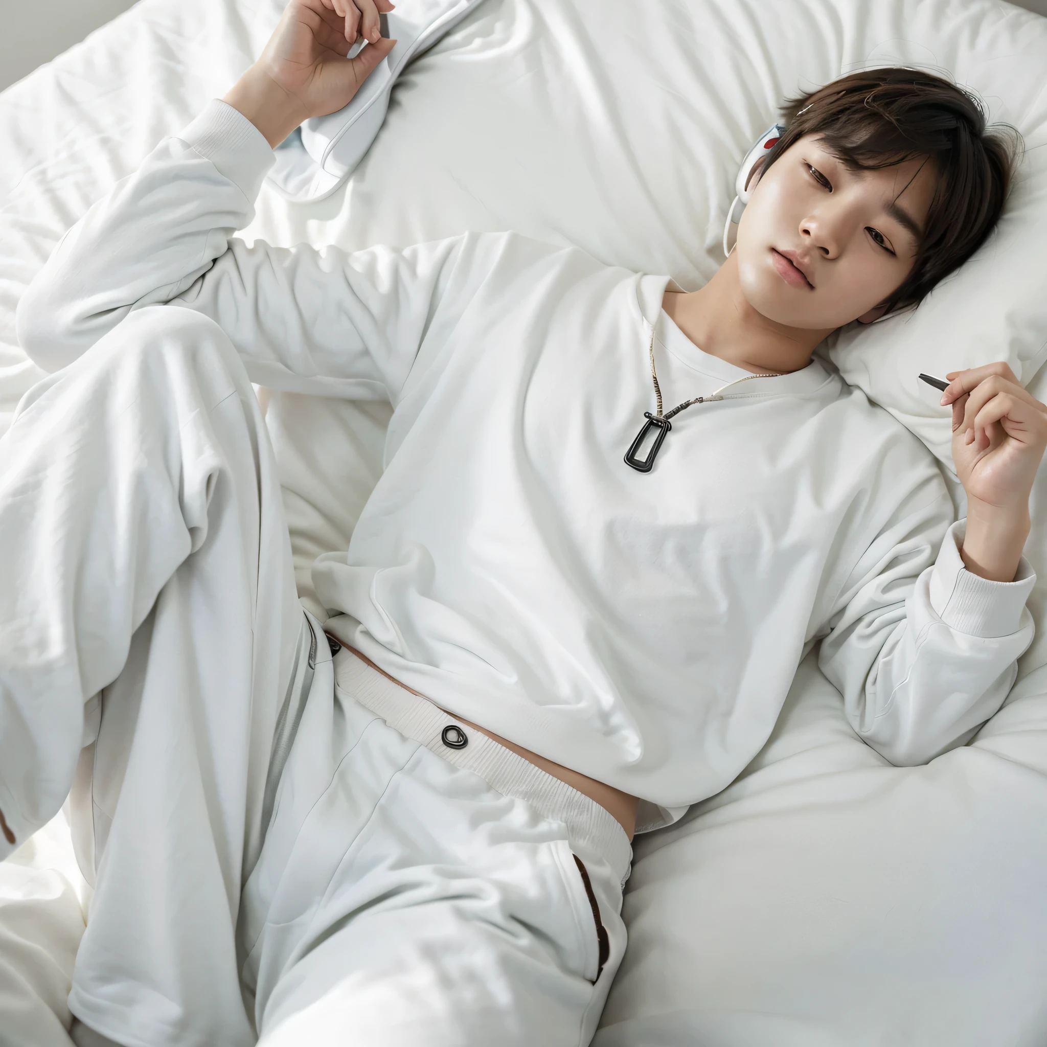 Cute young Korean boy lying in bed listening to music with his headphones, He is wearing a white sweatshirt and baggy pants.. pale skin