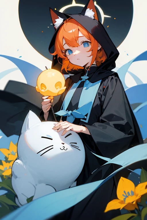 Blue Archive、Marie、Orange Hair、Soft shoulder-length hair、Light blue eyes、gently、clergyman、Sister、Cat ear、A yellow halo floats above your head、Flower-shaped halo、Black monastic uniform、Black Skirt、Light blue tie、Wearing a black hood