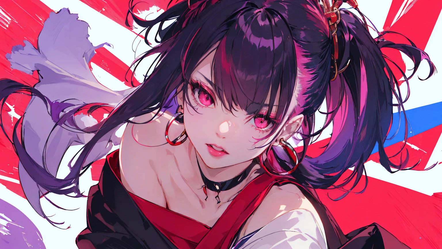 hair above one eye, Purple eyes, Clear Eyes, choker, Neon Shirt, torn legwear, open jacket、Blue pubic hair catches my eye,Bright red background、Red background, graffiti, Shineing grafiti, Shineing tattoos, Shine, Neon Light, Black light,Anime Style, movie portrait photography, 1 female, 22 years ago, Whole Body Ezbian, anger, (Scarlet Hair), Long Hair, Purple eyes, wearing a short black dress, (Natural skin texture vivid details, Surreal, (Realistic eyes, Natural skin texture, Realistic facial details), Soft and dramatic lighting, Written boundary depth, Bokeh, vivid details, Surreal, 35mm movie, Absent-minded, movie,lipstick, ear piercing, eye shadow, Hoop Earrings, red pink lips, multicolored red eyes, Red background,Beautiful Eyes,Bold Pose、Strike a Pose,upper ponytail,drooping bangs,Droopy eyes、((kimono))、high school girl