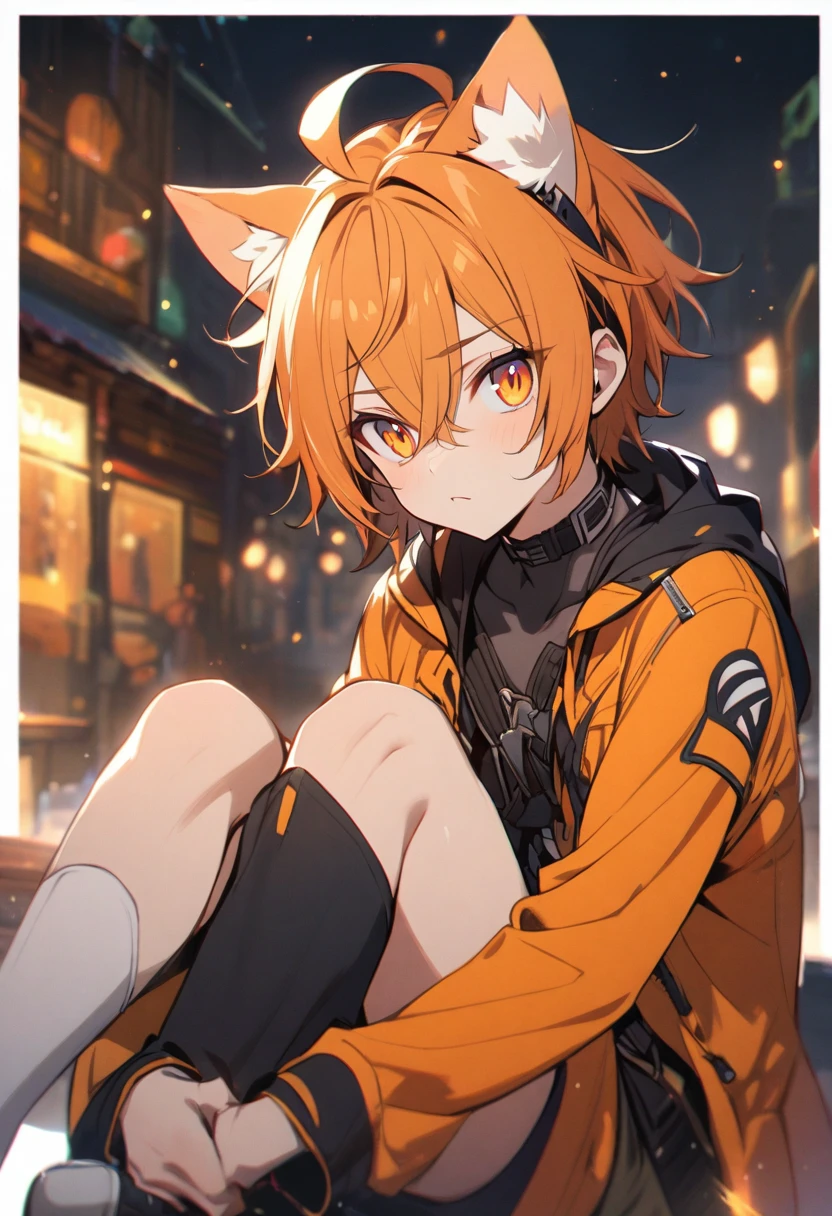 boy, solo, orange hair, orange eyes, cat ears