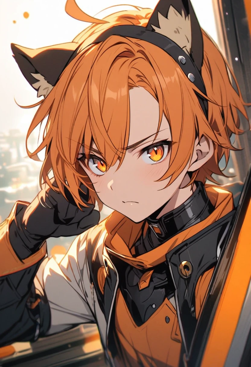 boy, solo, orange hair, orange eyes, cat ears