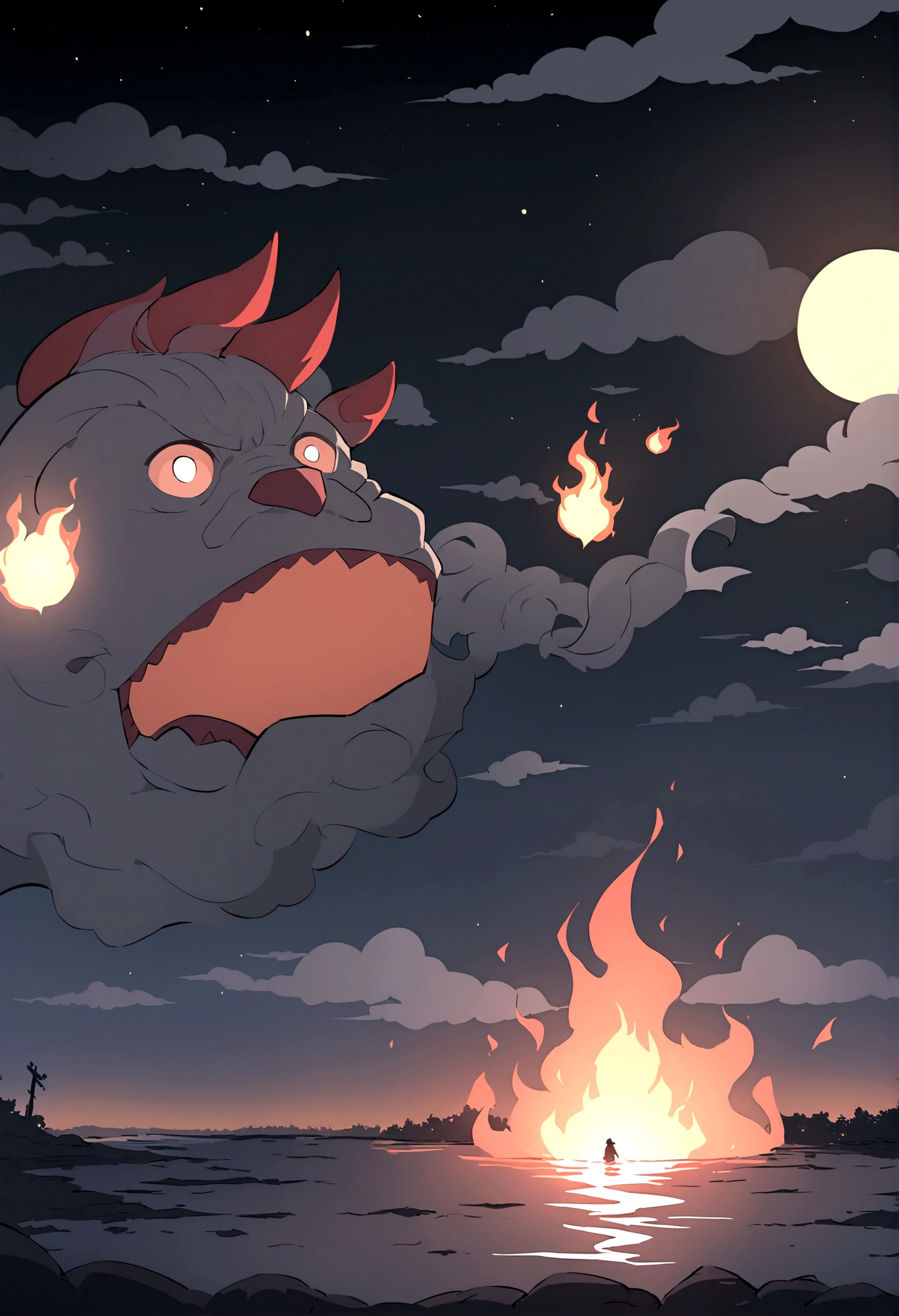 Japanese Yokai「Zong Xuanhuo(Sogenbi)」Please draw。Zong Xuanhuoは、A monster with a man's head on fire flying over the river in the night sky.、The flame is flickering。The background is set to a dark night sky and a quiet rural landscape.、Zong Xuanhuoが不気味に漂うシーンを描写してください。Create an overall mysterious and slightly scary atmosphere.。