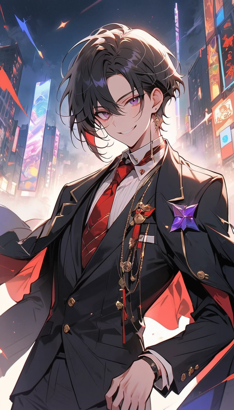 good looking, alone, 1 male, short hair, Smile Facial,1. Boy with black and purple hair, Moderate height, Slim body, Long coat, Black lining,good looking, short hair, Black Hair, Rainbow Hair, Purple eyes, 先端がスモーキーグレーのBlack Hair, smoking, Black light,smile、, Bright, sharp eyes illuminate the scene,uniform,Fewer accessories,whole body,Background white,(masterpiece, Highest quality), Yishang_edge, Default_Costume, One boy, alone, Red tie, Black jacket, Black vest, Jacket on shoulders, White shirt, Collared shirt, Black trousers, View your viewers, city, night, knife,紫色に光るknife身,View your viewers, city, night, From below