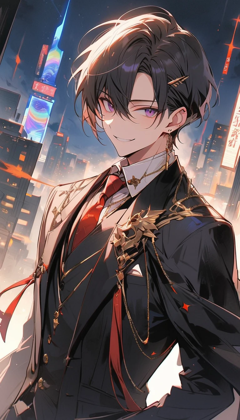 good looking, alone, 1 male, short hair, Smile Facial,1. Boy with black and purple hair, Moderate height, Slim body, Long coat, Black lining,good looking, short hair, Black Hair, Rainbow Hair, Purple eyes, 先端がスモーキーグレーのBlack Hair, smoking, Black light,smile、, Bright, sharp eyes illuminate the scene,uniform,Fewer accessories,whole body,Background white,(masterpiece, Highest quality), Yishang_edge, Default_Costume, One boy, alone, Red tie, Black jacket, Black vest, Jacket on shoulders, White shirt, Collared shirt, Black trousers, View your viewers, city, night, knife,紫色に光るknife身,View your viewers, city, night, From below
