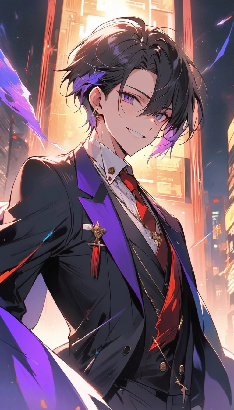 good looking, alone, 1 male, short hair, Smile Facial,1. Boy with black and purple hair, Moderate height, Slim body, Long coat, Black lining,good looking, short hair, Black Hair, Rainbow Hair, Purple eyes, 先端がスモーキーグレーのBlack Hair, smoking, Black light,smile、, Bright, sharp eyes illuminate the scene,uniform,Fewer accessories,whole body,Background white,(masterpiece, Highest quality), Yishang_edge, Default_Costume, One boy, alone, Red tie, Black jacket, Black vest, Jacket on shoulders, White shirt, Collared shirt, Black trousers, View your viewers, city, night, knife,紫色に光るknife身,View your viewers, city, night, From below