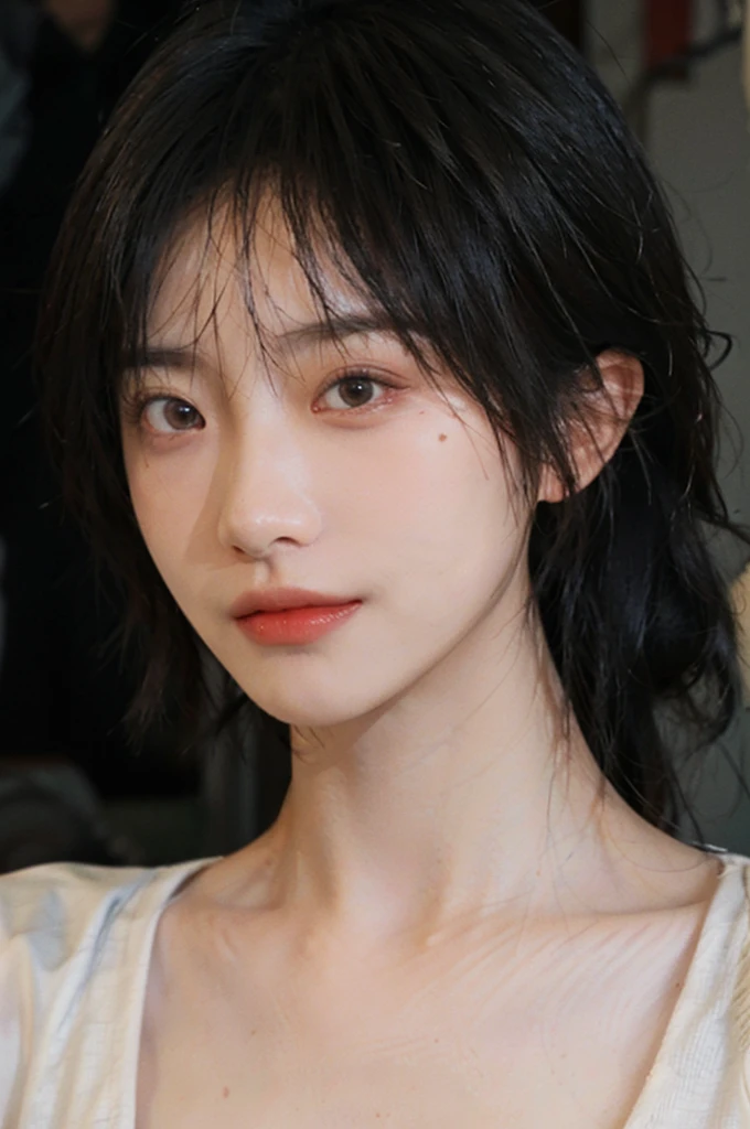 1 girl,model,short hair,A faint smile,serene, calm,Vest,Moles under the eyes,Exquisite eyes, Delicate face,Lipstick,earrings,Hair details, (Large Breasts:1.0),outdoor,background,城市background,(Skin details:1.4),(Realistic and detailed eyes:1.2), Natural skin texture, Realistic facial details,Close-up of face,Portrait Photography,(Portrait Photography:1.1), (smooth skin textures:1.3), (Highest quality real skin textures:1.4), Direct vision,Soft dramatic lighting, Vivid details, 35 mm film, (Photo Practical:1.4), (hyper Practical:1.4), (Practical:1.3), (Smoother lighting:1.05), (Improve lighting quality:0.9), (Enhance the beauty of skin texture:1.1), Depth of Field, Bokeh, Surrealism, Ray Tracing, ( Surrealism, High Detail, Chiaroscuro, Ray Tracing, reflected light, Ultra HD, Ultra HD, masterpiece, Textured Skin, Super Detail, High Detail, high quality, best quality