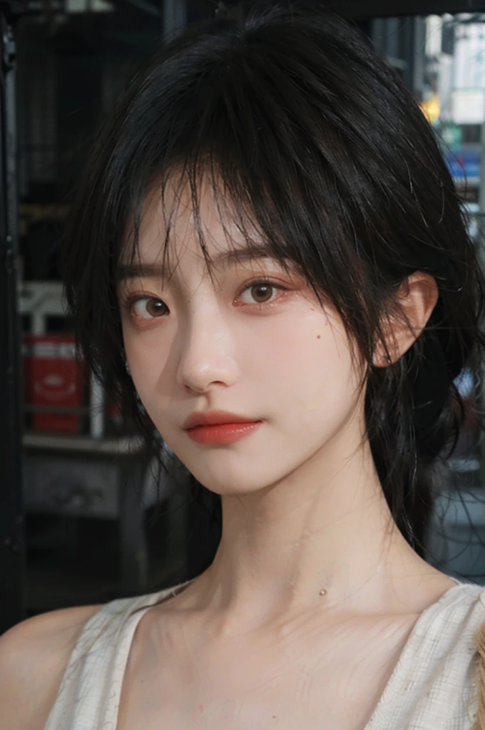 1 girl，model，short hair,A faint smile,serene, calm,Vest，Moles under the eyes,Exquisite eyes, Delicate face,Lipstick,earrings,Hair details, (Large Breasts:1.0),outdoor,background,城市background，(Skin details:1.4),(Realistic and detailed eyes：1.2）, Natural skin texture, Realistic facial details,Close-up of face,Portrait Photography,(Portrait Photography:1.1), (smooth skin textures:1.3), (Highest quality real skin textures:1.4), Direct vision,Soft dramatic lighting, Vivid details, 35 mm film, (Photo Practical:1.4), (hyper Practical:1.4), (Practical:1.3), (Smoother lighting:1.05), (Improve lighting quality:0.9), (Enhance the beauty of skin texture:1.1), Depth of Field, Bokeh, Surrealism, Ray Tracing, ( Surrealism, High Detail, Chiaroscuro, Ray Tracing, reflected light, Ultra HD, Ultra HD, masterpiece, Textured Skin, Super Detail, High Detail, high quality, best quality