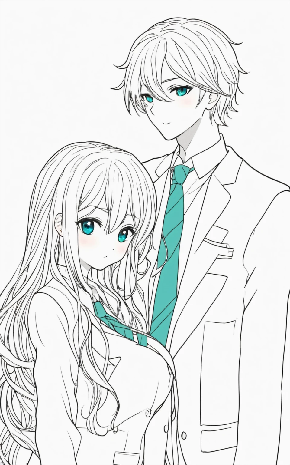 (masterpiece)(best quality)(1girl and 1boy),(1boy with ikemen and tall and long hair)(1girl with black hair and large breasts and very long hair and teal eyes and kawaii)school uniform, tie (class room)22s game style(couple)