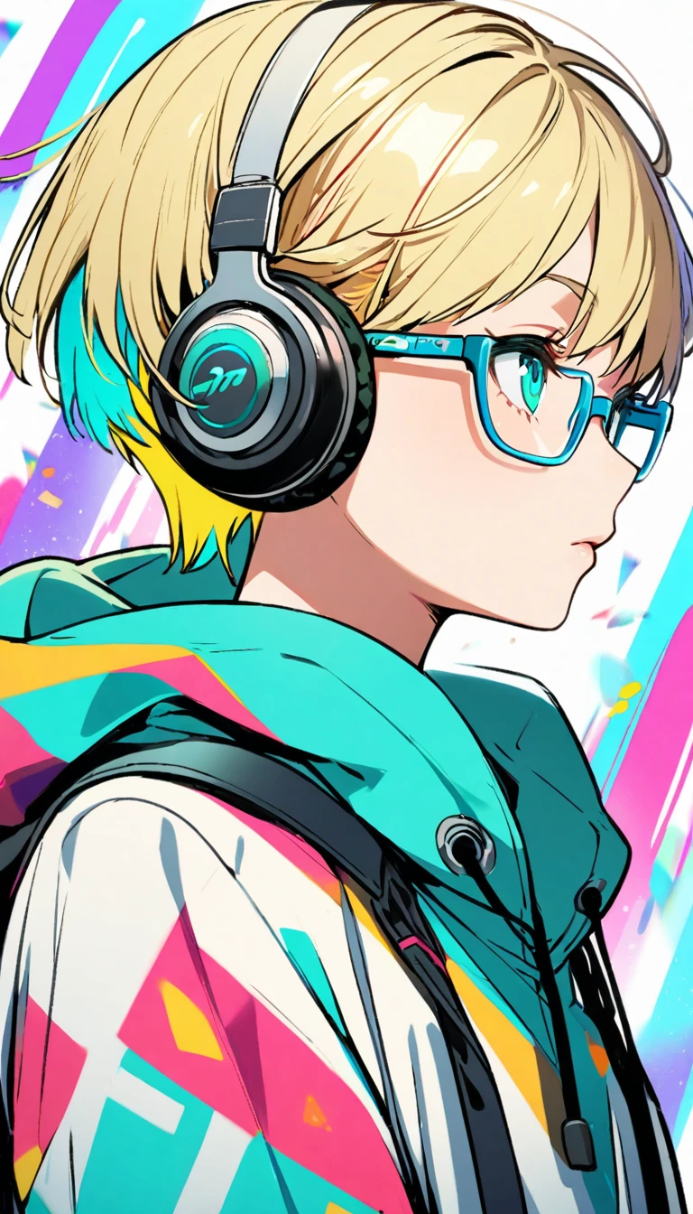 1girl, boyish, facial profile, wearing glasses, aqua eyes, blond hair, short hair, colorful inner hair, headphone, hoodie