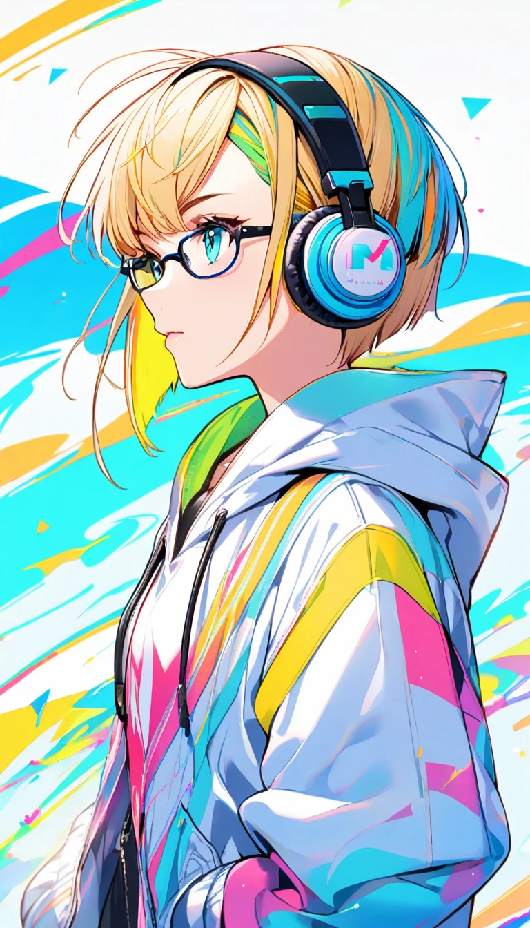 1girl, boyish, facial profile, wearing glasses, aqua eyes, blond hair, short hair, colorful inner hair, headphone, hoodie