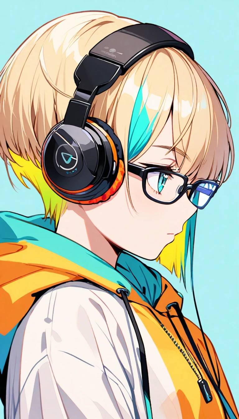 1girl, boyish, facial profile, wearing glasses, aqua eyes, blond hair, short hair, colorful inner hair, headphone, hoodie