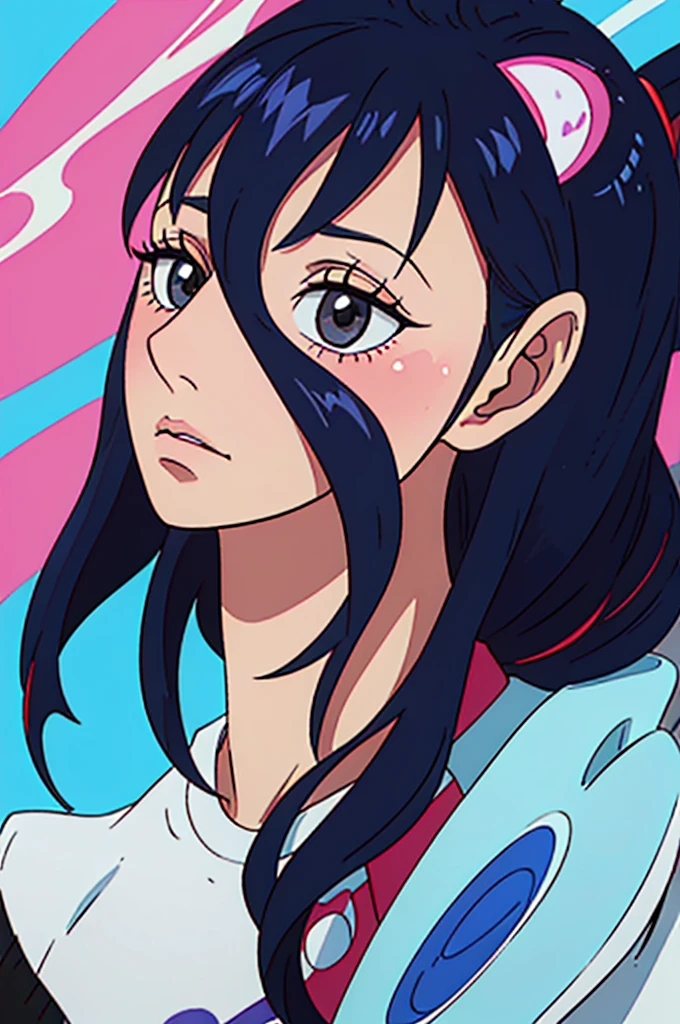 best quality ,ultra detailed, realistic :1.37 , side view portrait of girl having cool vibes abstract background ,blue[background],anime comic verison, nft make all [photo ] same make only side view photo