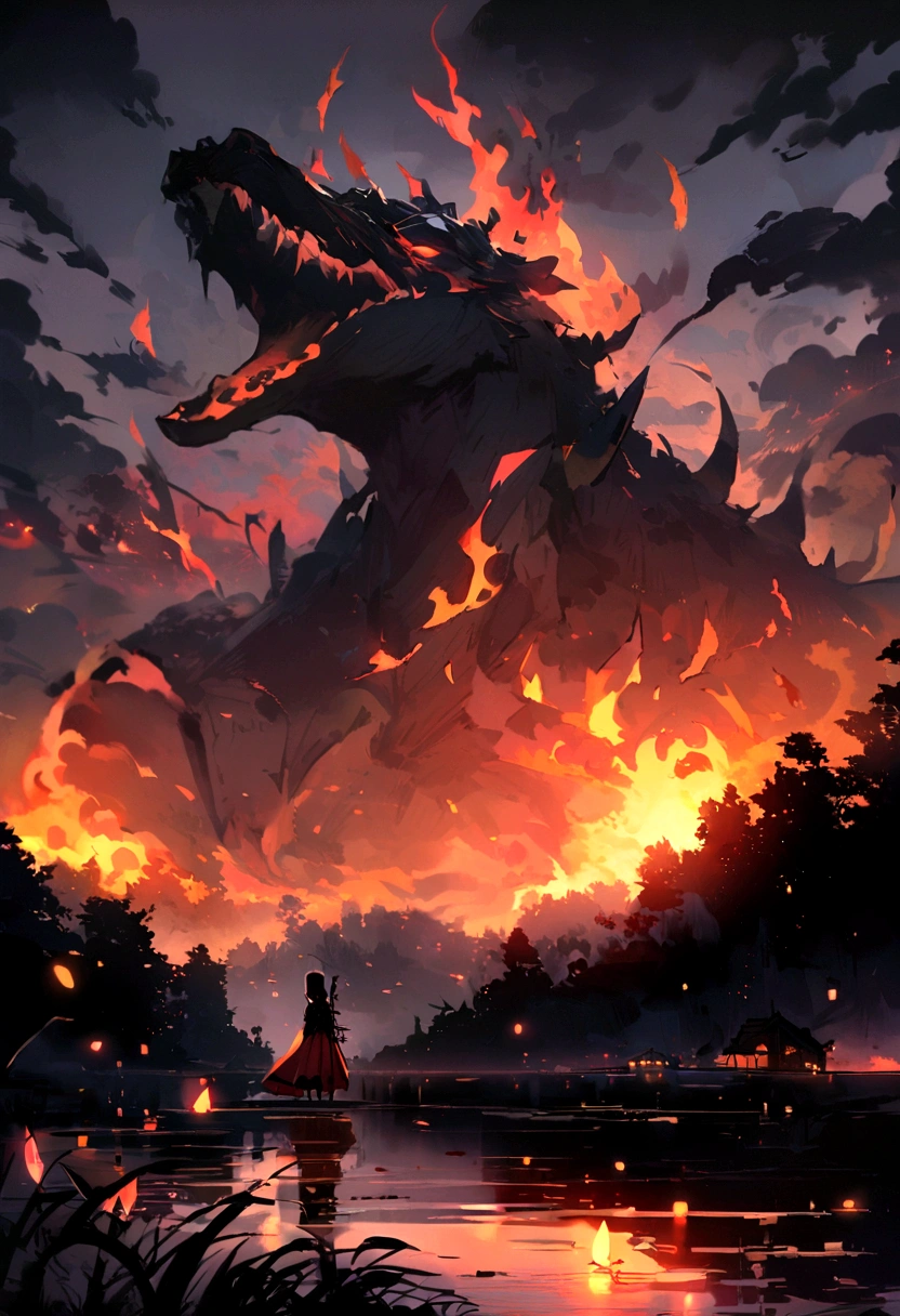 Japanese Yokai「Zong Xuanhuo（Sogenbi）」Please draw。Zong Xuanhuoは、A monster with a man&#39;s head on fire flying over the river in the night sky.、The flame is flickering。The background is set to a dark night sky and a quiet rural landscape.、Zong Xuanhuoが不気味に漂うシーンを描写してください。Create an overall mysterious and slightly scary atmosphere.。

