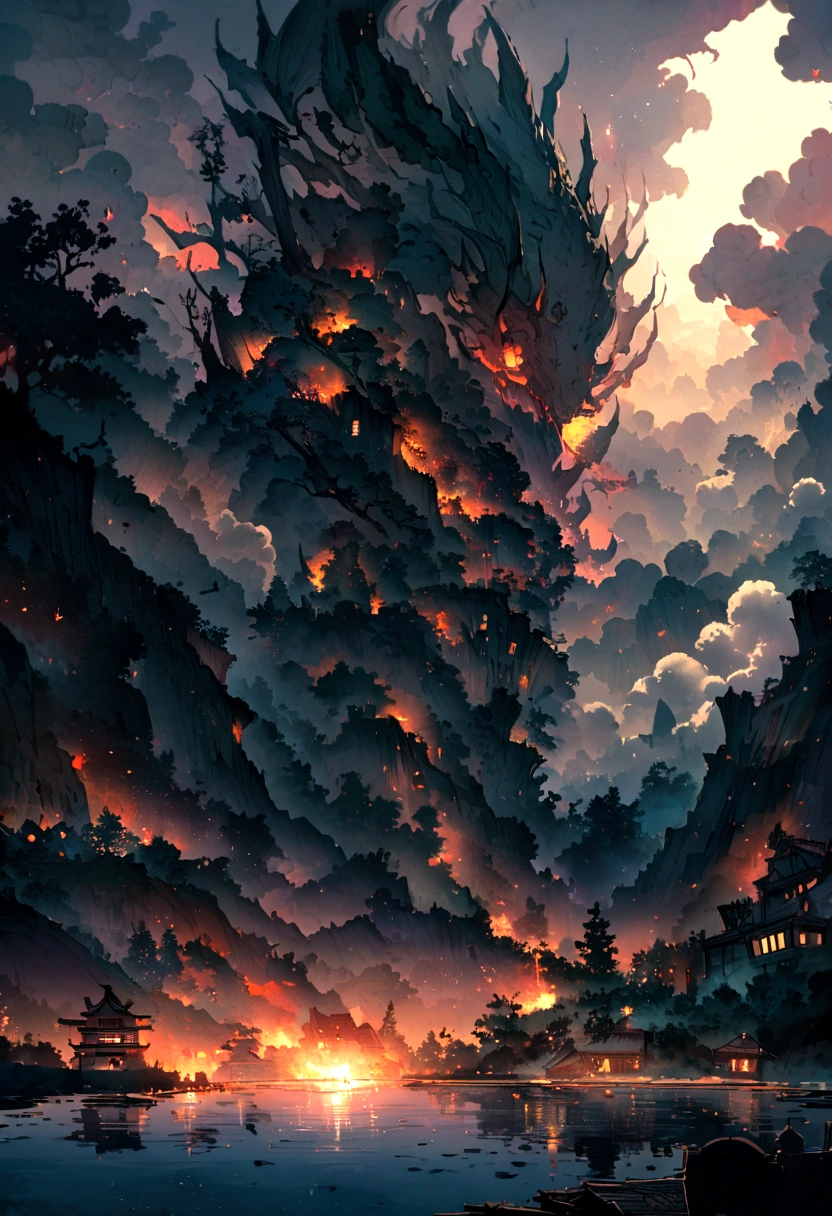 Japanese Yokai「Zong Xuanhuo(Sogenbi)」Please draw。Zong Xuanhuoは、A monster with a man's head on fire flying over the river in the night sky.、The flame is flickering。The background is set to a dark night sky and a quiet rural landscape.、Zong Xuanhuoが不気味に漂うシーンを描写してください。Create an overall mysterious and slightly scary atmosphere.。