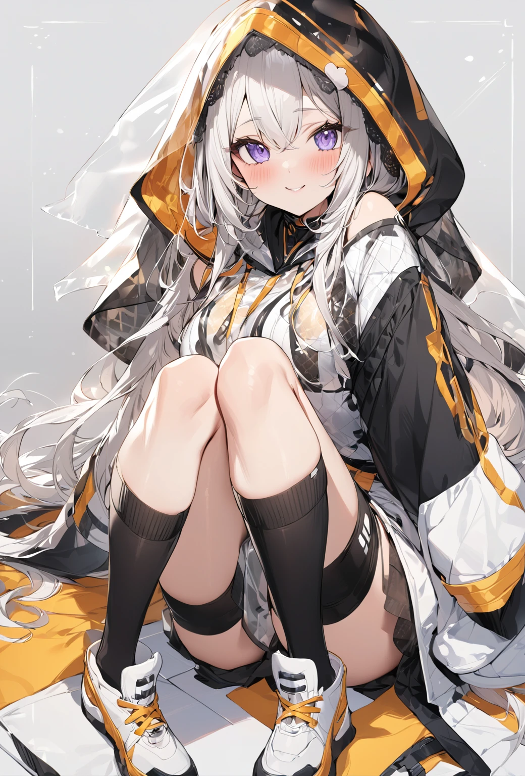 ((Highest quality)), ((masterpiece)), ((Very detailed)), (Very mature),A cute high school girl with a gentle look, white hair and about 165cm tall.,A female high school student with big breasts and a cute smile wearing a transparent black waifus with a cute patterned hood that shows off her shoulders, A gentle woman with a slightly long vertical face,Small Faced Woman,alone, Cute attitude,(background(bright),Long Hair - Straight,Knee-high socks、A transparent white veil with a cute pattern and a hood with white off-the-shoulders,White wall、Sitting、Facing the viewer、縁に模様がある壁が1面のbackground