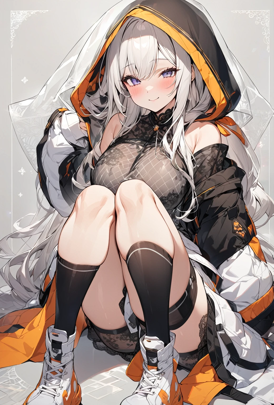 ((Highest quality)), ((masterpiece)), ((Very detailed)), (Very mature),A cute high school girl with a gentle look, white hair and about 165cm tall.,A female high school student with big breasts and a cute smile wearing a transparent black waifus with a cute patterned hood that shows off her shoulders, A gentle woman with a slightly long vertical face,Small Faced Woman,alone, Cute attitude,(background(bright),Long Hair - Straight,Knee-high socks、A transparent white veil with a cute pattern and a hood with white off-the-shoulders,White wall、Sitting、Facing the viewer、縁に模様がある壁が1面のbackground
