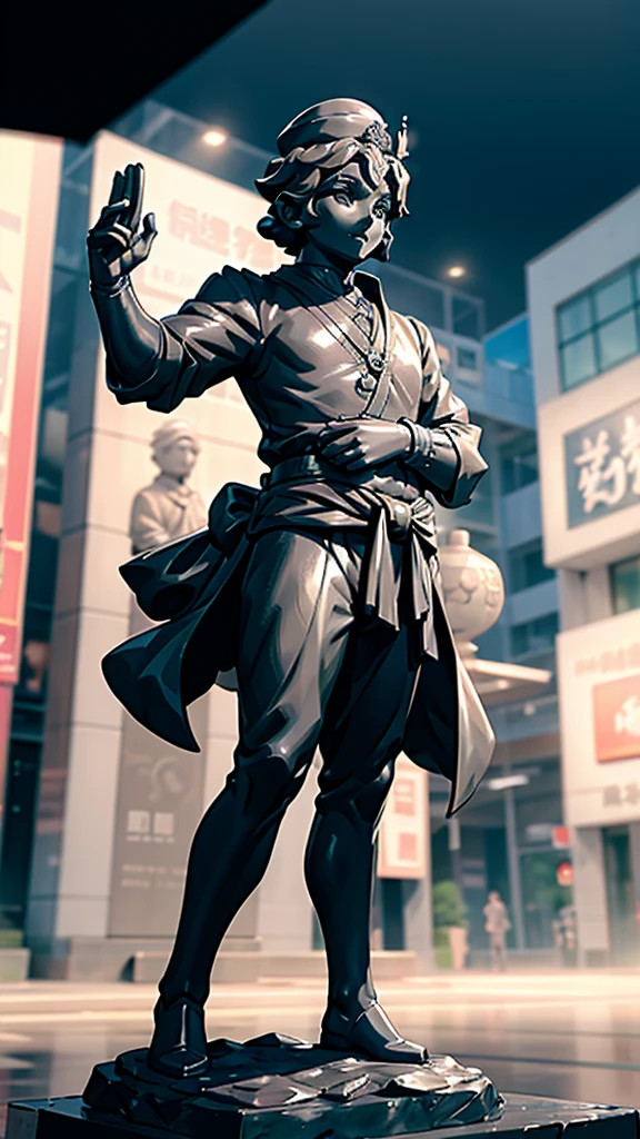 一个男孩的黄金statue旁边停着一只swallow。王子的黄金statue,Prince style,Prince costume,Court dress,黄金statue,男孩的黄金statue,带着黄金冠冕的黄金statue,脚边停着一只swallow的黄金statue,男孩statue,statue,Cute boy,British style,Victorian style,crown,crown,Golden Boy Sculpture,金色男孩statue,statue,statue,巨大statue,巨大statue,Outdoor Background,微笑的statue,Close-up shot from waist up,swallow,statue的脚边停着一只swallow,背景中飞舞的swallow,swallow