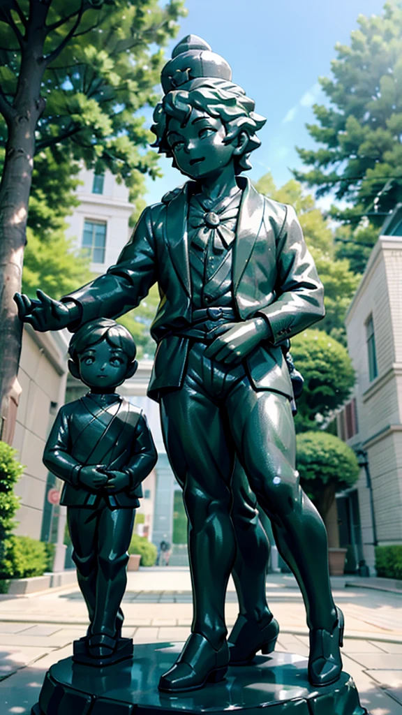 一个男孩的黄金statue旁边停着一只swallow。王子的黄金statue，Prince style，Prince costume，Court dress，黄金statue，男孩的黄金statue，带着黄金冠冕的黄金statue，脚边停着一只swallow的黄金statue，男孩statue，statue，Cute boy，British style，Victorian style，crown，crown，Golden Boy Sculpture，金色男孩statue，statue，statue，巨大statue，巨大statue，Outdoor Background，微笑的statue，Close-up shot from waist up，swallow，statue的脚边停着一只swallow，背景中飞舞的swallow，swallow