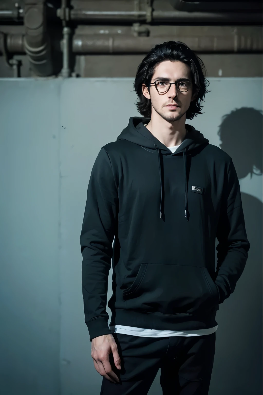 Masterpiece, Best Quality, Ultra-Detailed, 1man, 30 years old, pale skin, skinny, very skinny, lean, slender, gaunt, scrawny, light blue eyes, blue eyes, glasses, (black hair:1.0), long hair, light beard, black hoodie, black pants, hands in pockets, looking side, looking down, shy expression, half body shot, military basement background  