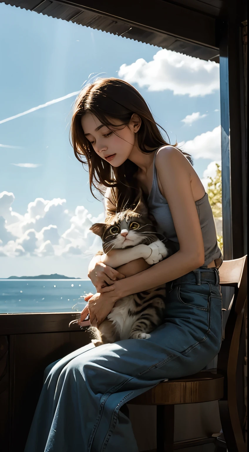 The cat gently cradled in her lover's arms symbolizes the lover's elusive and sensitive nature, while the protagonist waits patiently, watching the distant sky.