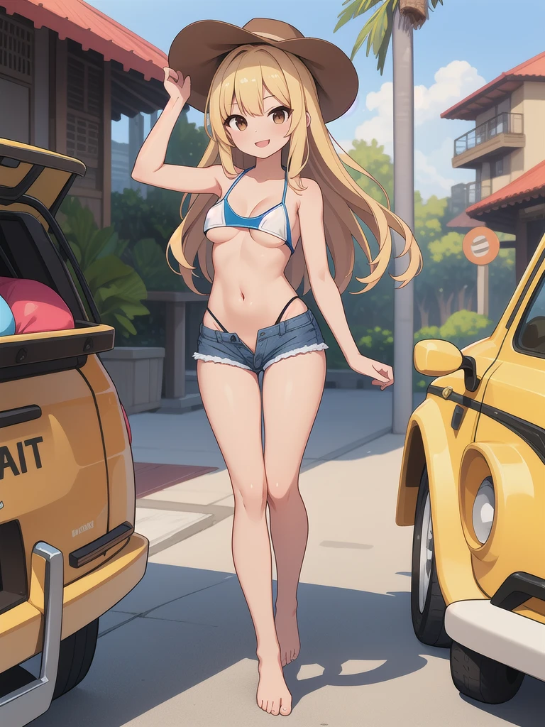 girl,(masterpiece,Highest quality),Street,(Brown Skin),(Southeast Asian),(Completely naked),Bare shoulders、hat、Gal,Brown eyes、Blonde、smile、passionate、hat、Swimwear,long hair、(Underboob),Cleavage,Micro Camisole、looking at the camera、shoes、Micro Mini Denim Shorts,solo、Are standing、barefoot,Swimwear,
