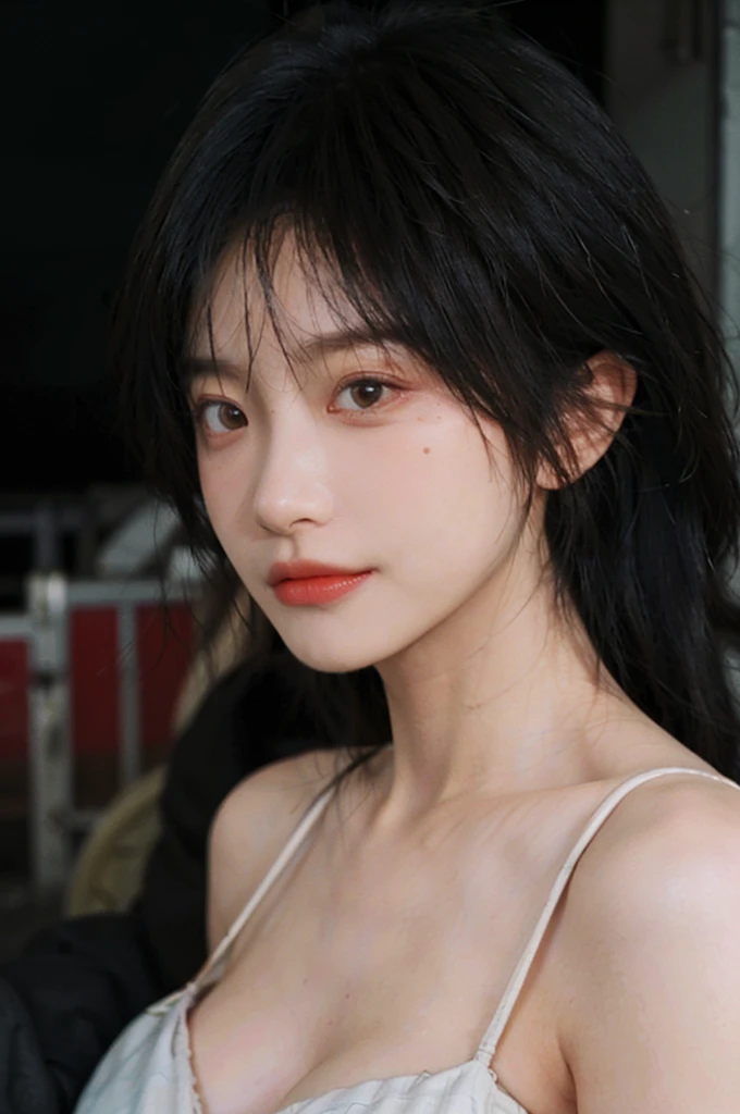 1 girl,model,short hair,A faint smile,serene, calm,Moles under the eyes,Exquisite eyes, Delicate face,Lipstick,earrings,Hair details, (Dress conservatively:1.6)(Large Breasts:1.3),outdoor,background,城市background,(Skin details:1.4),(Realistic and detailed eyes:1.2), Natural skin texture, Realistic facial details,Close-up of face,Portrait Photography,(Portrait Photography:1.1), (smooth skin textures:1.3), (Highest quality real skin textures:1.4), Direct vision,Soft dramatic lighting, Vivid details, 35 mm film, (Photo Practical:1.4), (hyper Practical:1.4), (Practical:1.3), (Smoother lighting:1.05), (Improve lighting quality:0.9), (Enhance the beauty of skin texture:1.1), Depth of Field, Bokeh, Surrealism, Ray Tracing, ( Surrealism, High Detail, Chiaroscuro, Ray Tracing, reflected light, Ultra HD, Ultra HD, masterpiece, Textured Skin, Super Detail, High Detail, high quality, best quality