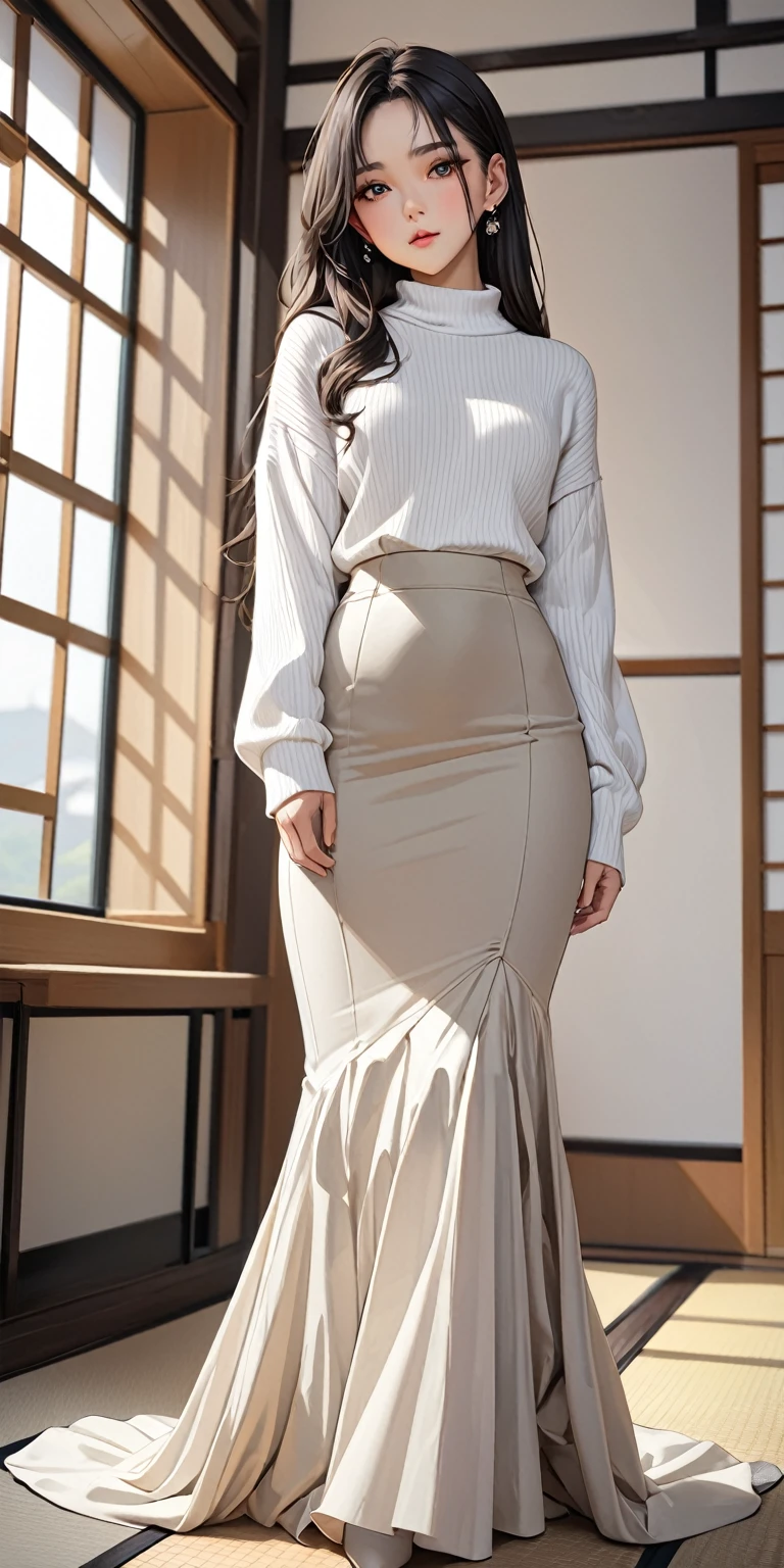 Portrait、(masterpiece,Highest quality,Ultra-high resolution),Japanese women, (((Very beautiful 25 year old girl))),White mermaid style high waist long skirt、The skirt is ankle-length、The skirt fits snugly to the body、Long sleeve sweater、