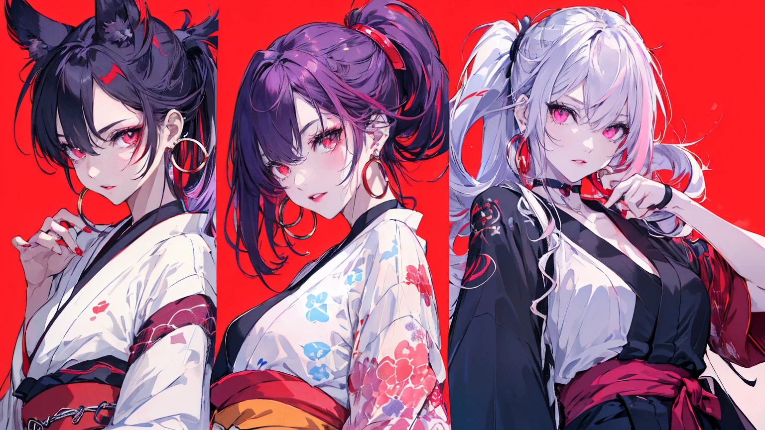 hair above one eye, Purple eyes, Clear Eyes, choker, Neon Shirt, torn legwear, open jacket、Blue pubic hair catches my eye,Bright red background、Red background, graffiti, Shineing grafiti, Shineing tattoos, Shine, Neon Light, Black light,Anime Style, movie portrait photography, 1 female, 22 years ago, Whole Body Ezbian, anger, (Scarlet Hair), Long Hair, Purple eyes, wearing a short black dress, (Natural skin texture vivid details, Surreal, (Realistic eyes, Natural skin texture, Realistic facial details), Soft and dramatic lighting, Written boundary depth, Bokeh, vivid details, Surreal, 35mm movie, Absent-minded, movie,lipstick, ear piercing, eye shadow, Hoop Earrings, red pink lips, multicolored red eyes, Red background,Beautiful Eyes,Bold Pose、Strike a Pose,upper ponytail,drooping bangs,Droopy eyes、((kimono))、high school girl