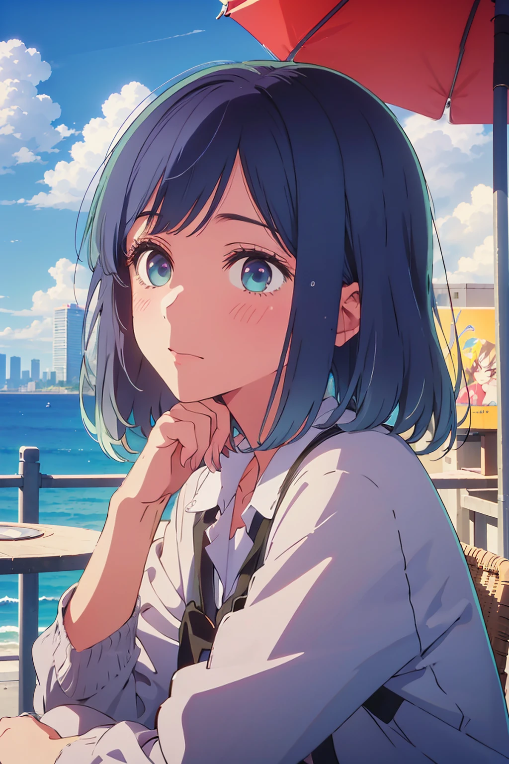(Highest quality:1.4、masterpiece:1.4、超detailed:1.4、Ultra-high resolution:1.4、Absurd:1.4、Absolute Resolution:1.4、8K:1.4、detailed:1.4)、Slim body、Very white beautiful skin、((((1 person、Surprised expression、sit、Chair、In the background are the urban buildings of Tokyo、looking at the camera、Outdoor café terrace、Navy hair color、juice、table、Get up close and take a photo、Shooting from an angle、Very cute face))))、((((nude、very beautiful areola))))、(Pose with hands tucked behind ears:1.4、Cheek resting on hand:1.4)、Black off-the-shoulder blouson with zipper、Very blue sky、A completely cloudless sky