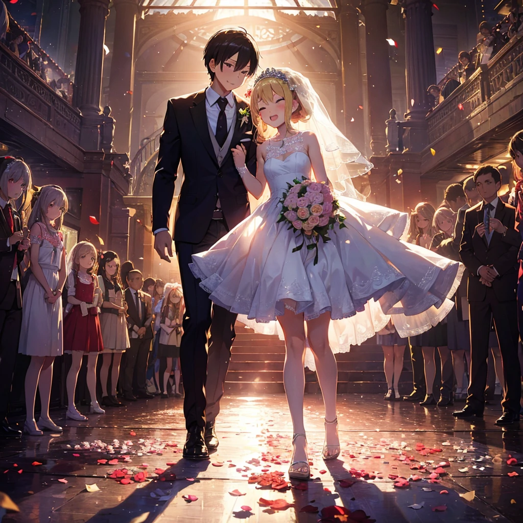 (Masterpiece, Top Quality) (Wedding), A girl stands with a bouquet of flowers. A girl throws a bouquet of flowers in front of her, many women in dresses reach out to grab the bouquet, BREAK 5 , (Youth: 1.8), Loli, Small breasts, (Blonde, (Super) long hair):1.3), red eyes, heart necklace, (tareme:1.3), smile, (half) -eyes closed: 1.1), heavy breathing, open mouth, BREAK wedding dress, (wedding veil: 1.2), Short dress, backless dress, ruffled dress, (ruffles: 1.3), petticoat, bare feet, high heels, BREAK wedding hall entrance, confetti, sunlight, (crowd: 1.2),

