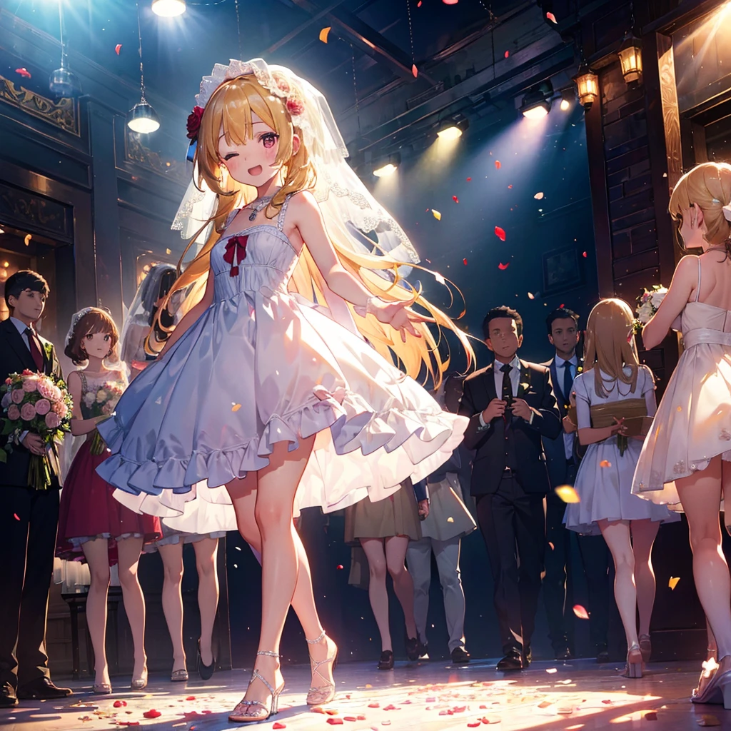 (Masterpiece, Top Quality) (Wedding), A girl stands with a bouquet of flowers. A girl throws a bouquet of flowers in front of her, many women in dresses reach out to grab the bouquet, BREAK , (Youth: 1.8), Loli, Smallasts, (Blonde, (Super) long hair):1.3), red eyes, heart necklace, (tareme:1.3), smile, (half) -eyes closed: 1.1), heavy breathing, open mouth, BREAK wedding dress, (wedding veil: 1.2), Short dress, backless dress, ruffled dress, (ruffles: 1.3), petticoat, bare feet, high heels, BREAK wedding hall entrance, confetti, sunlight, (crowd: 1.2),

